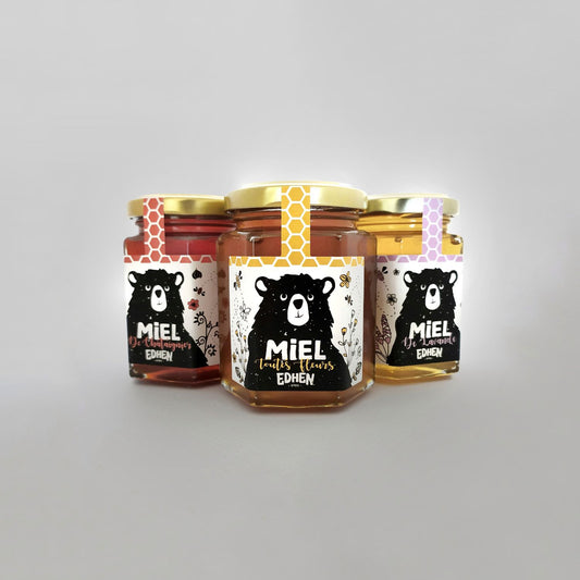 Coffret Mielleux - Une idée de cadeau de 3 pots de miel naturel aux saveurs de lavande, châtaignier et toutes fleurs en 250g - EDHEN FOOD à Ploërmel